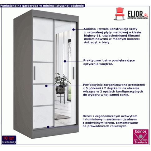 Szafa przesuwna na ubrania w kolorze antracyt biały Lorenza 2X