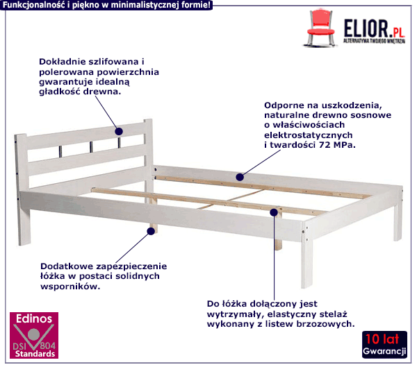 Białe skandynawskie jednoosobowe łóżko Kertis