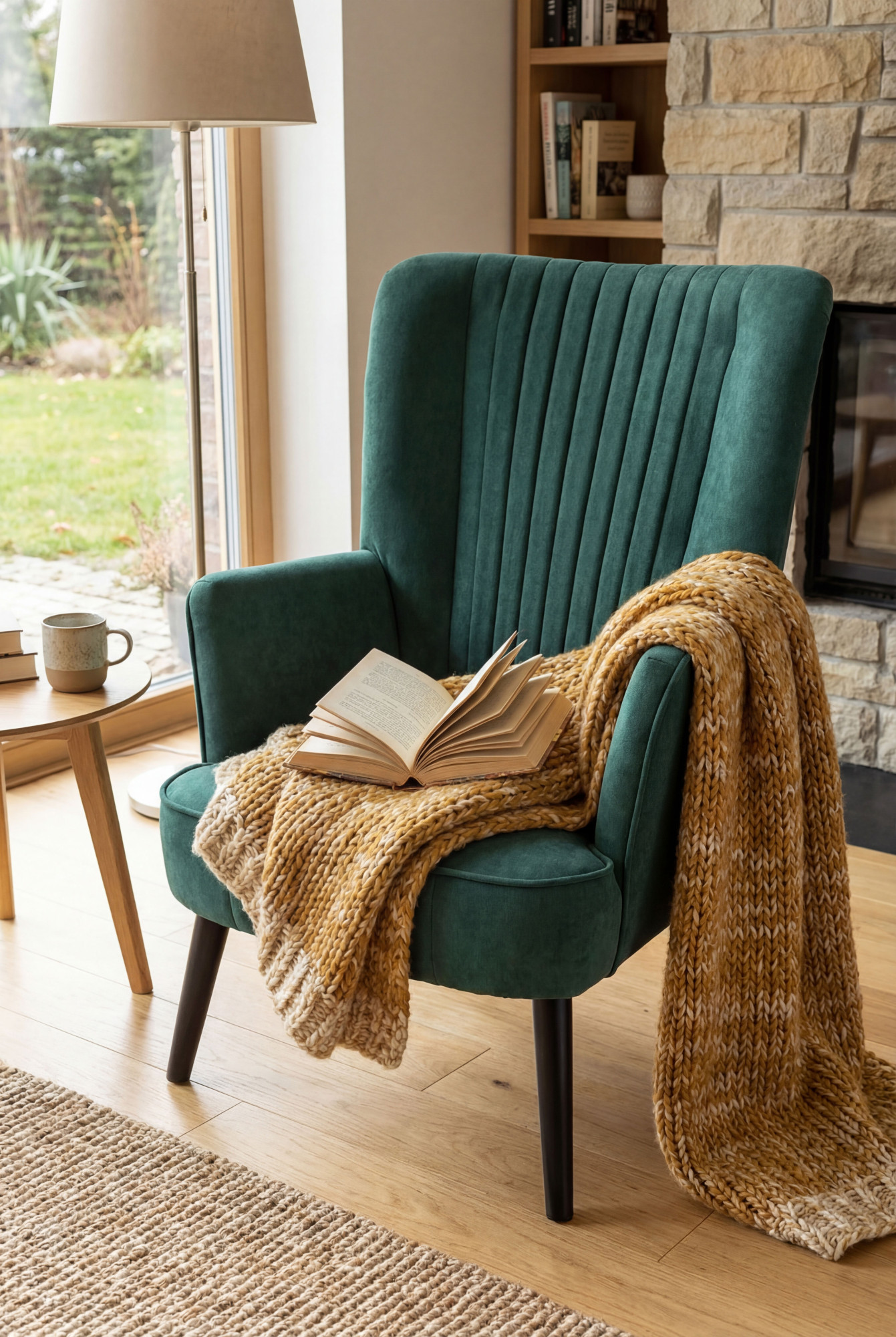 Salon z wykorzystaniem zielonego fotela do salonu Estan