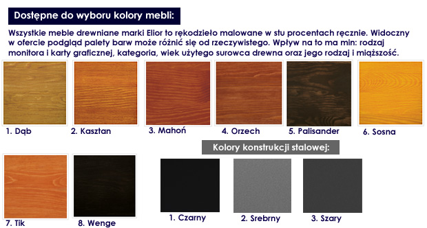 Dostępne kolory drewna i konsrtukcji stalowej zestawu Norin