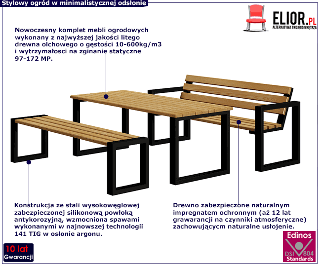 Komplet mebli ogrodowych z drewna i stali 180 cm Norin 3X