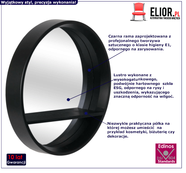 Czarne lustro Rettox z półką - do salonu
