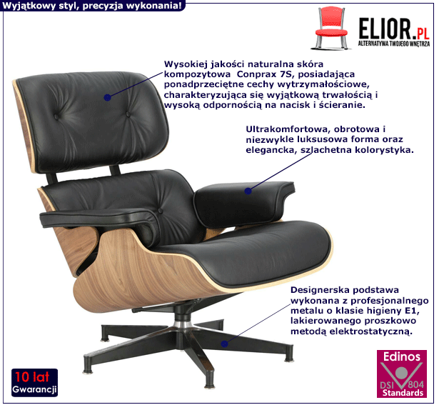 Stylowy fotel Gizja 2X skórzany - czarny orzech