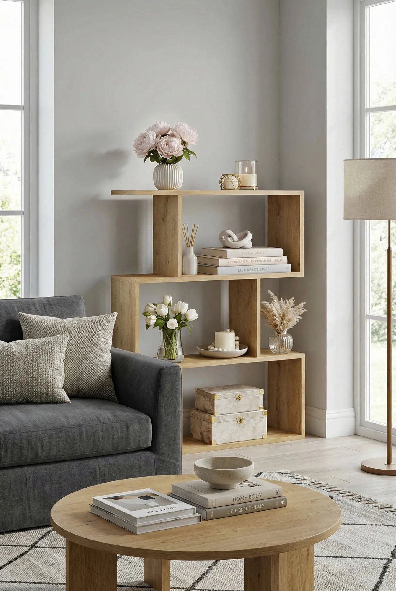 Aranżacja salonu z regałem Karli 2X dąb artisan