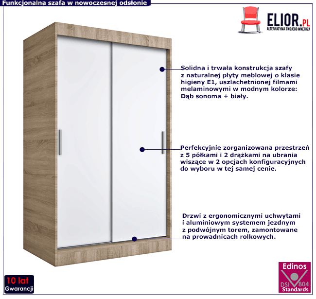 Szafa przesuwna 120 cm dąb sonoma + biały Erco 3X