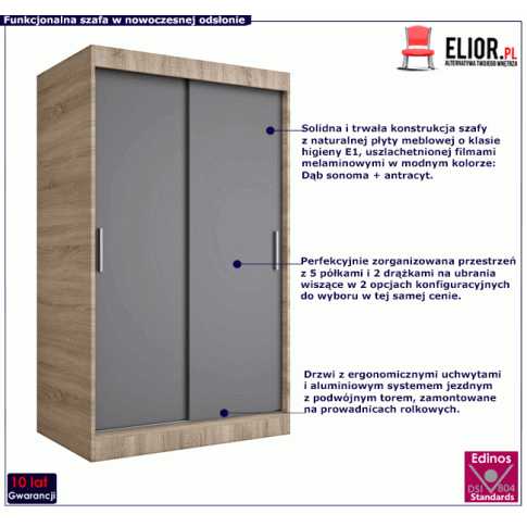 Szafa przesuwna na ubrania w kolorze dąb sonoma antracyt 120 Corina 3X