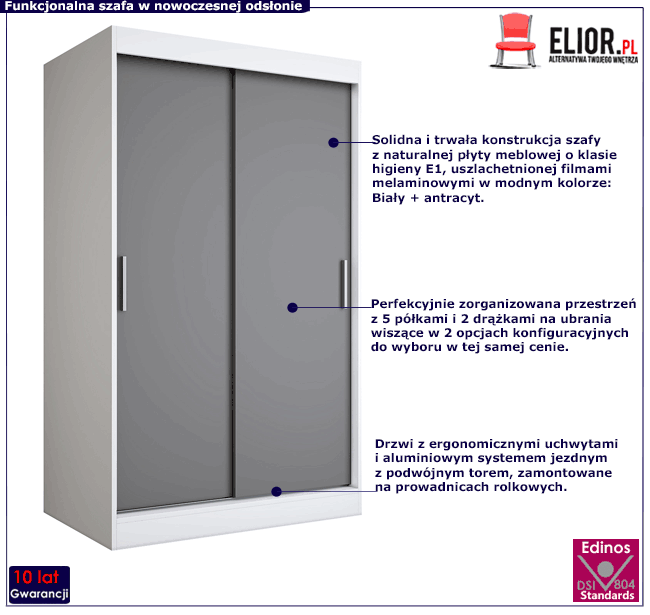 Szafa przesuwna 120 cm biały + antracyt Erco 3X