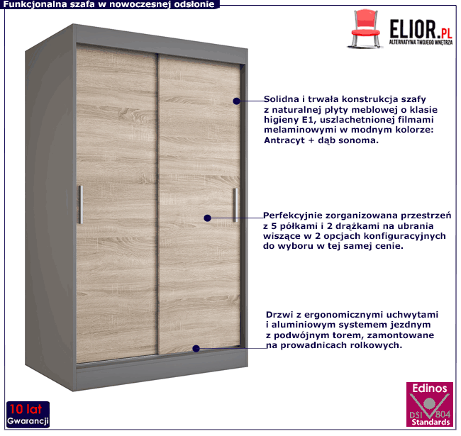 Szafa przesuwna 120 cm antracyt + dąb sonoma Erco 3X