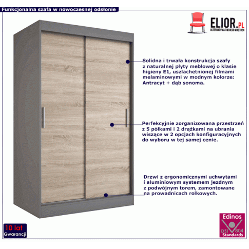 Szafa przesuwna na ubrania w kolorze antracyt dąb sonoma 120 Corina 3X