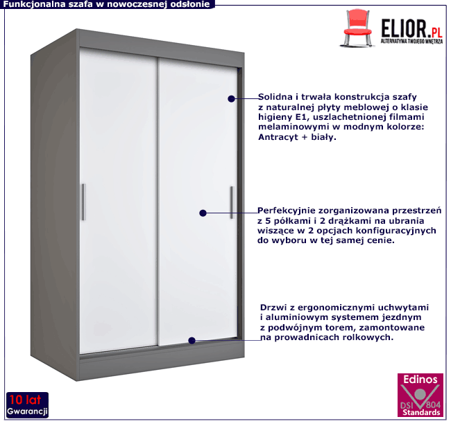 Szafa przesuwna 120 cm antracyt + biały Corina 3X