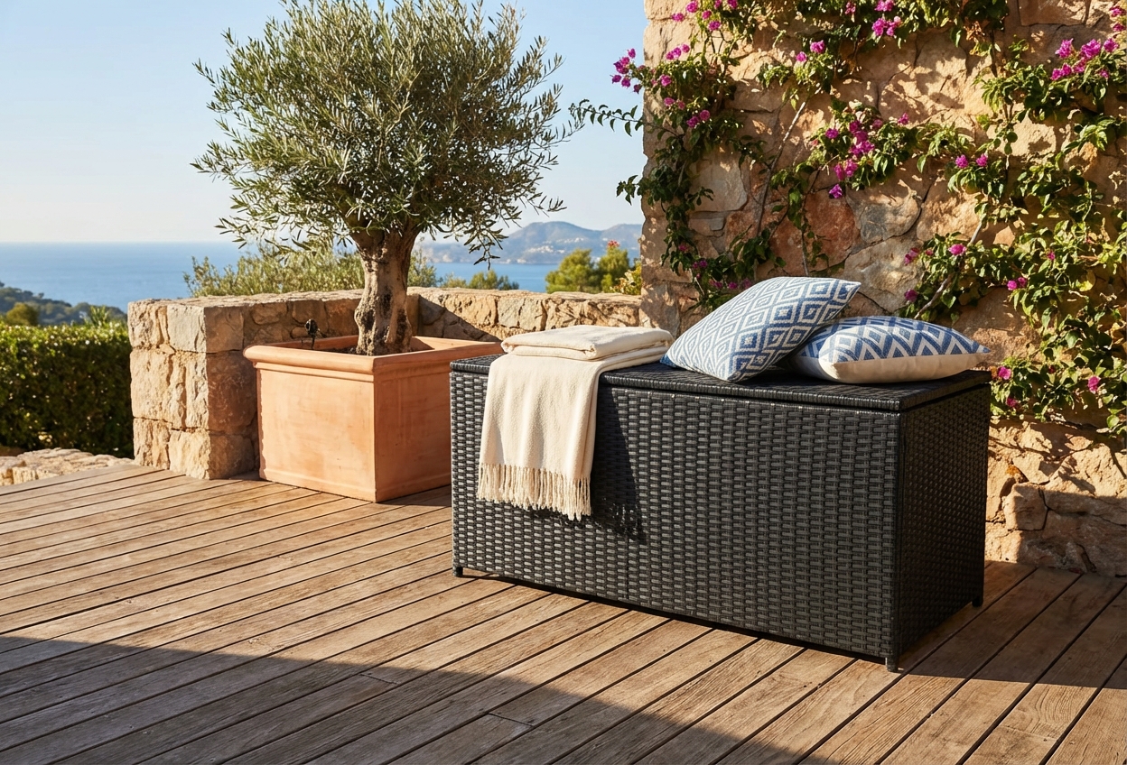Aranżacja tarasu z rattanową skrzynią do ogrodu Lagu 4X