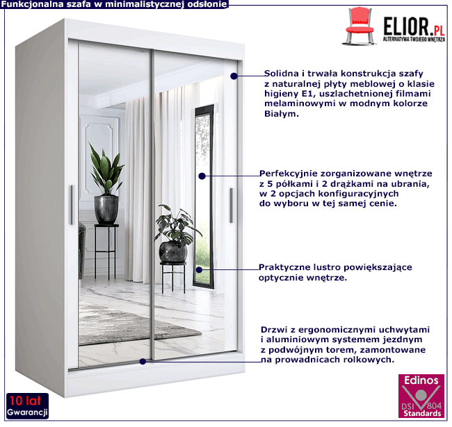 Biała szafa przesuwna z lustrem 120 Edna 3X
