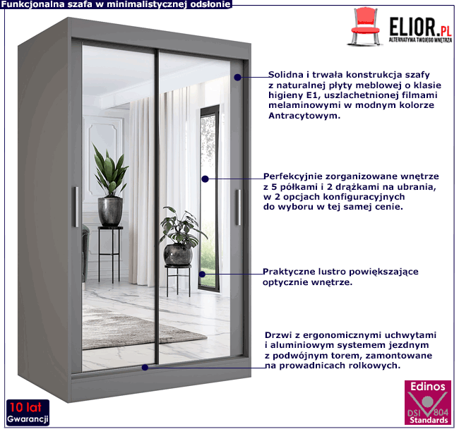 Antracytowa szafa przesuwna z lustrem 120 Edna 3X