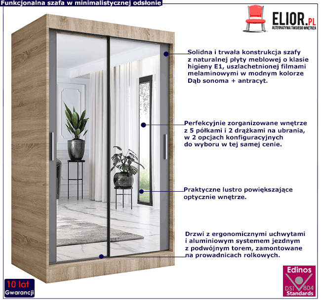 Szafa przesuwna dąb sonoma + antracyt z lustrem 120 Edna 3X