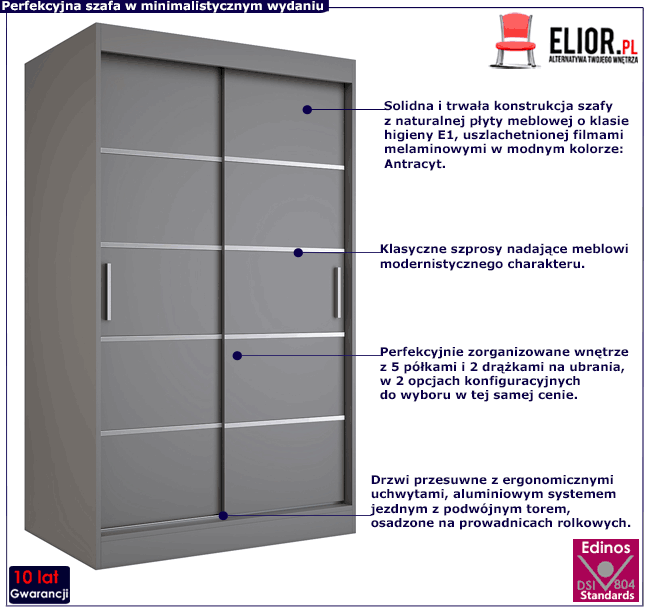 Antracytowa szafa przesuwna 120 Bohosa 3X