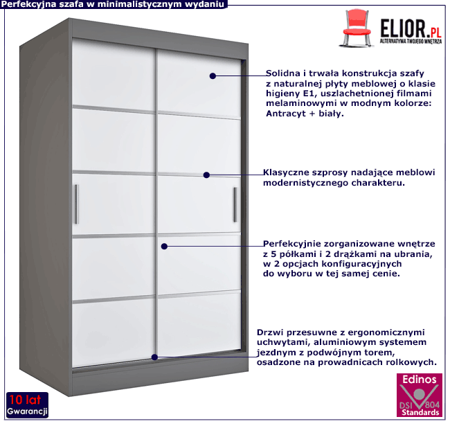 Dwudrzwiowa szafa przesuwna 120 antracyt + biały Bohosa 3X