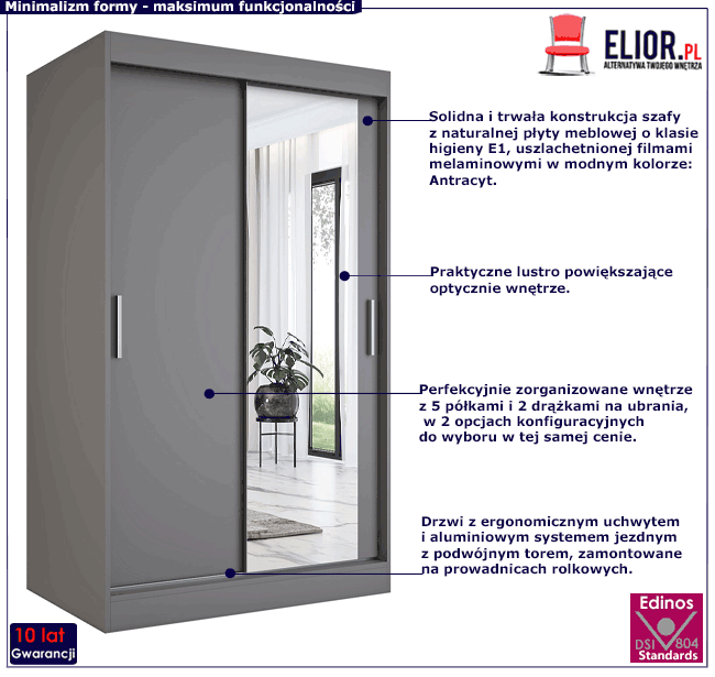 Antracytowa przesuwna szafa z lustrem 120 Palmira 3X