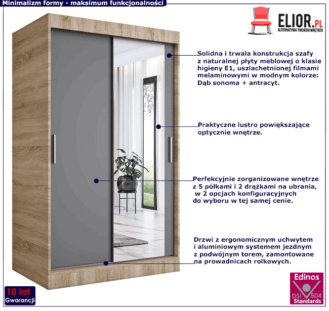 Przesuwna szafa z lustrem 120 dąb sonoma + antracyt Palmira 3X