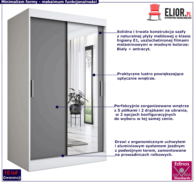 Przesuwna szafa z lustrem 120 biały + antracyt Palmira 3X