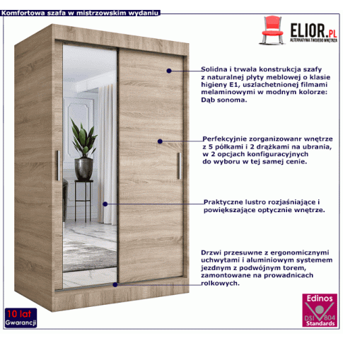 Szafa przesuwna dąb sonoma z lustrzanym frontem 120 Lenora 3X