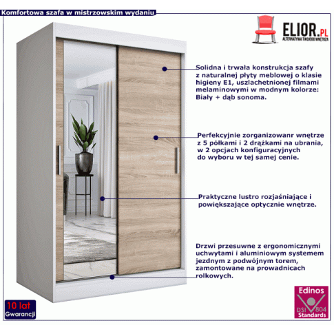 Szafa przesuwna biały dąb sonoma z lustrzanym frontem 120 Lenora 3X