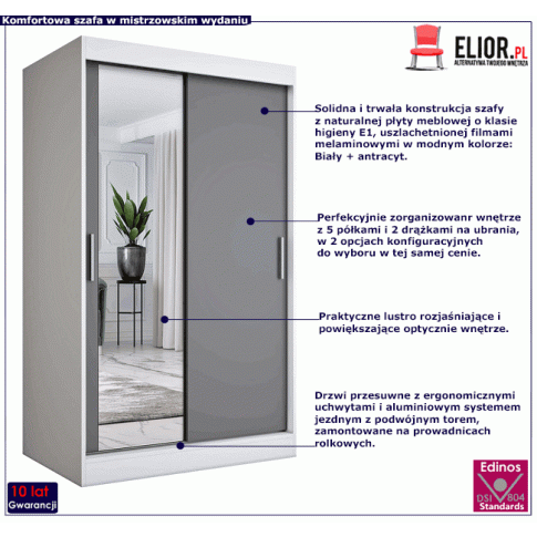 Szafa przesuwna biały antracyt z lustrzanym frontem 120 Lenora 3X