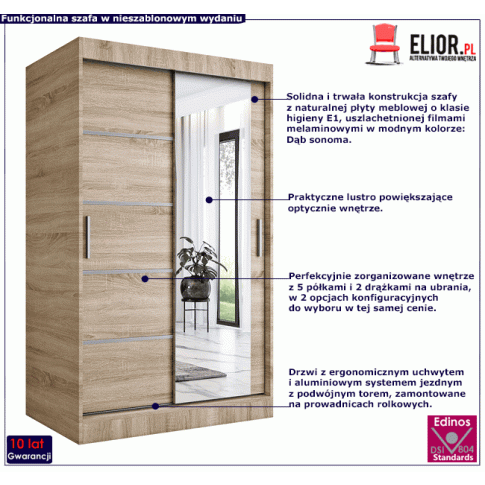 Szafa przesuwna w kolorze dąb sonoma z lustrzanym frontem Lorenza 3X