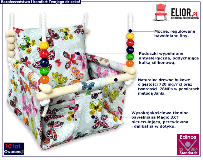 Szara huśtawka dziecięca kubełkowa Karius w motylki