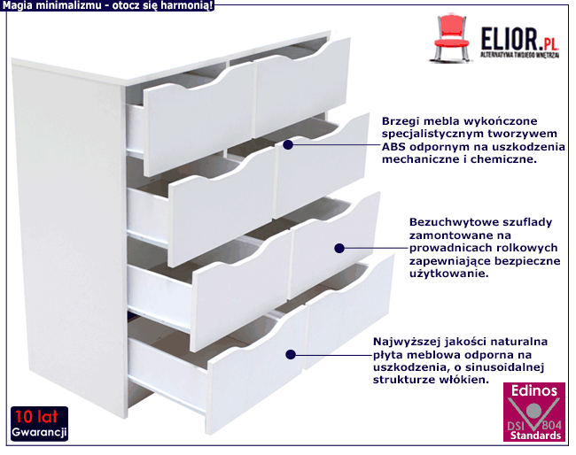 Biała minimalistyczna komoda z ośmioma szufladami Rusell 6X