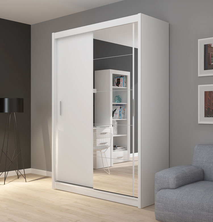 Aranżacja z wykorzystaniem białej szafy z lustrem Volvero 2X