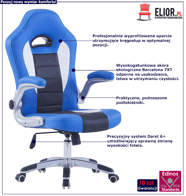 Niebieski fotel gamingowy Foris z podnoszonymi podłokietnikami