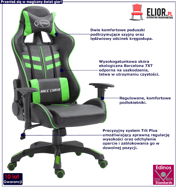 Zielony fotel gamingowy Gamix z dwoma poduszkami
