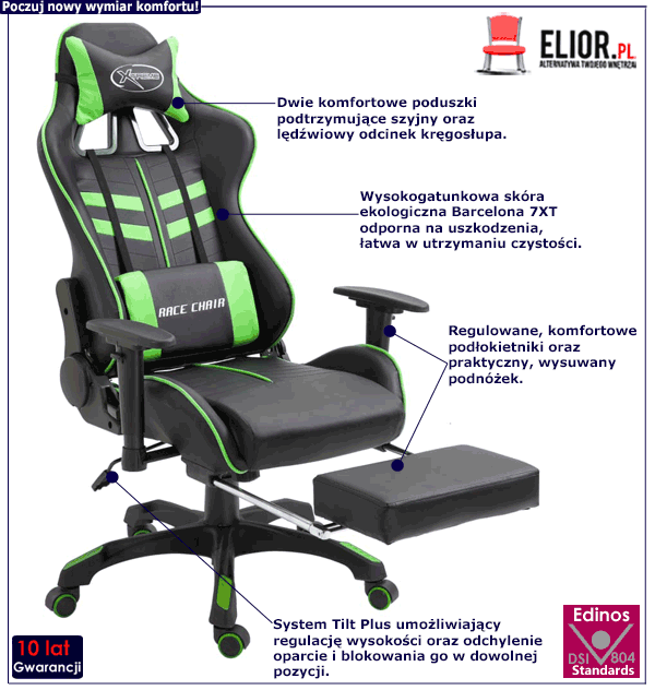 Zielony fotel gamingowy Trisron z podnóżkiem