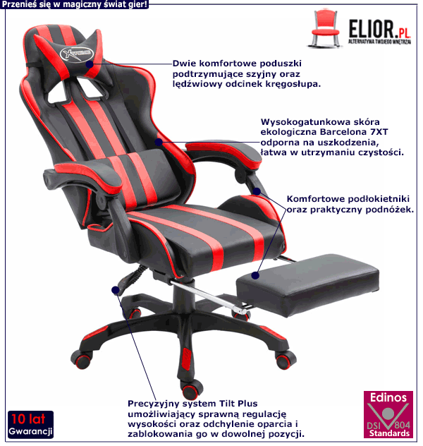 Ergonomiczny fotel gamingowy Kenex z podnóżkiem i zagłówkiem