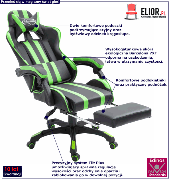 Ergonomiczny fotel gamingowy Kenex z podnóżkiem i zagłówkiem