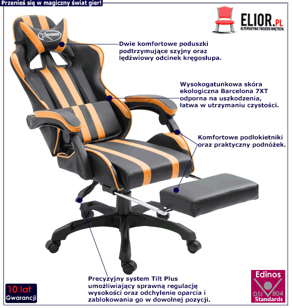 Ergonomiczny fotel gamingowy Huria z podnóżkiem i zagłówkiem