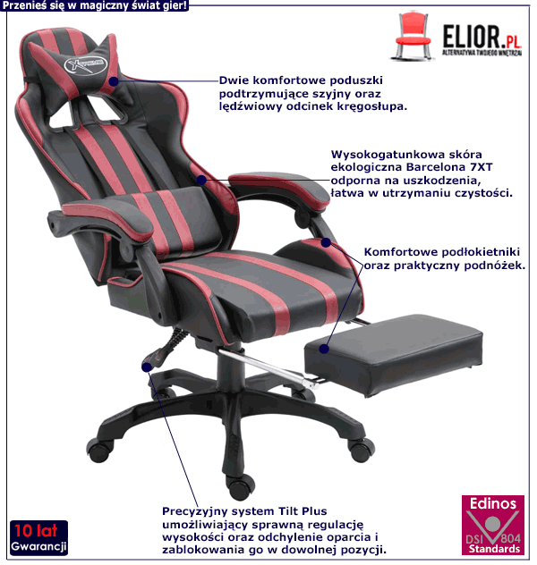 Ergonomiczny fotel gamingowy Kenex z podnóżkiem i zagłówkiem