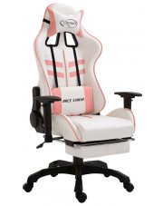 Biało-różowy fotel gamingowy z podnóżkiem - Darso w sklepie Edinos.pl