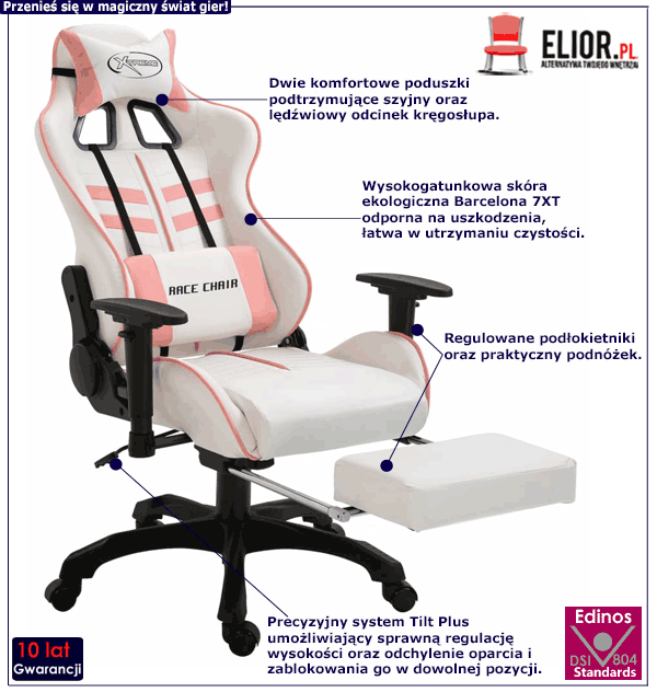 Biało-różowy fotel gamingowy Darso z podnóżkiem