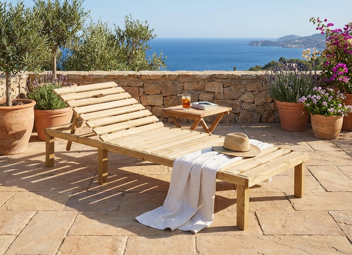 Aranżacja tarasu z leżakiem ogrodowym drewniany do opalania Avast