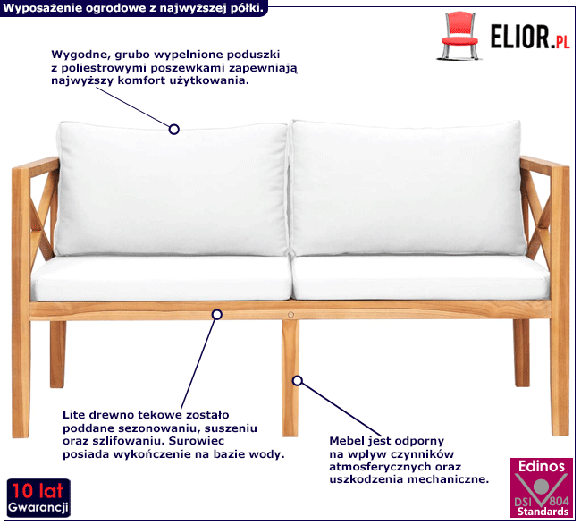 Drewniana ławka ogrodowa z jasnymi poduszkami Ryxos