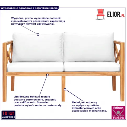 Drewniana ławka ogrodowa z jasnymi poduszkami Loraine infografika