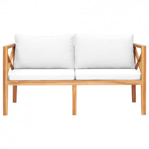 Przód drewnianej ławki ogrodowej z jasnymi poduszkami Loraine infografika