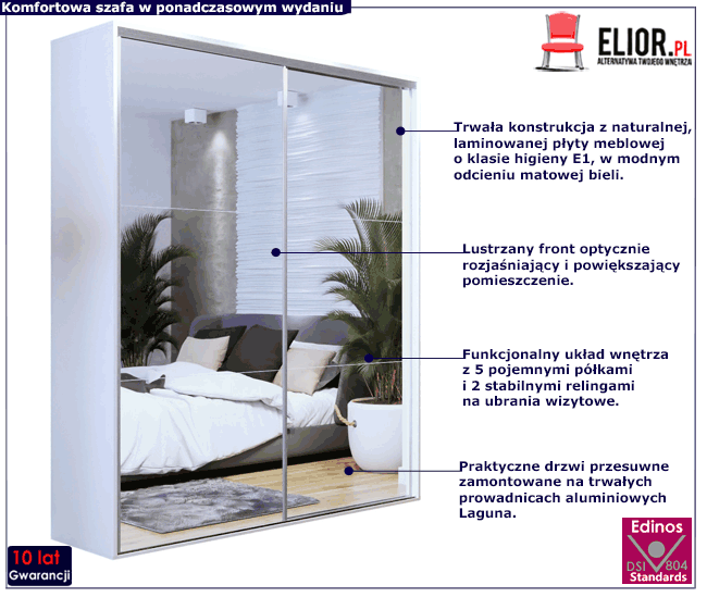 Biała nowoczesna szafa przesuwna z lustrzanym frontem 200 cm Savona 4X