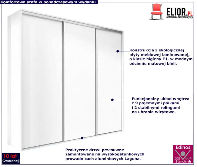 Biała trzydrzwiowa szafa przesuwna 275 cm Savona 5X