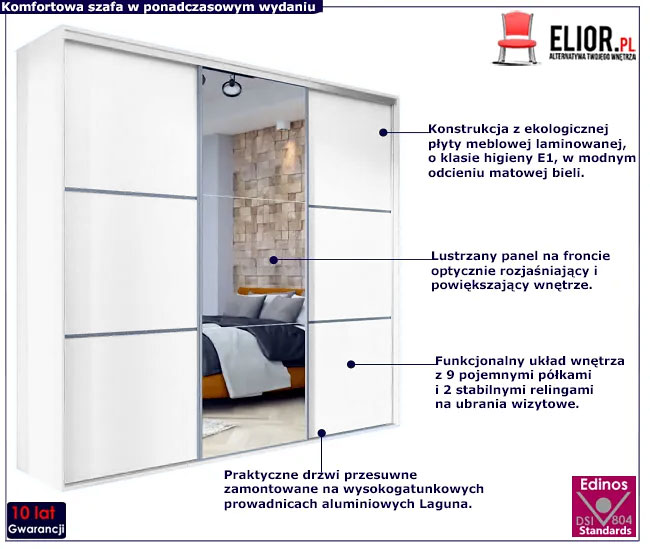 Biała nowoczesna szafa przesuwna z lustrem 275 cm Estori 6X