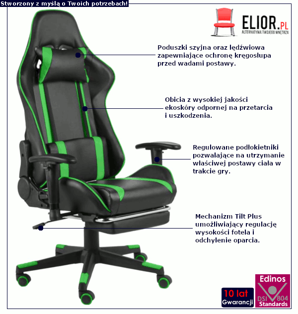 Czarno-zielony fotel ergonomiczny Epic Gamer