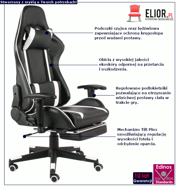 Biało-czarny fotel ergonomiczny z regulacją oparcia Epic Arwen.