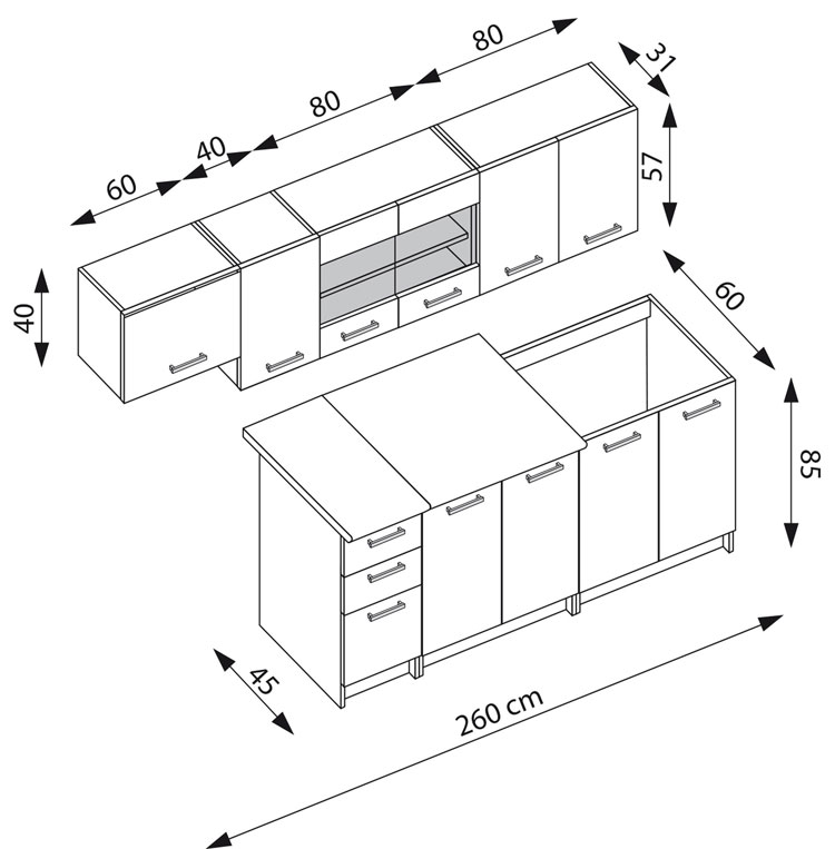 Meble kuchenne Viena 2X - rysunek techniczny