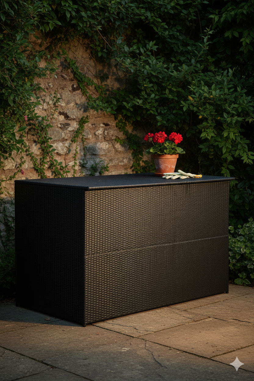 Aranżacja ogrodu z rattanową skrzynią tarasową - Fosta